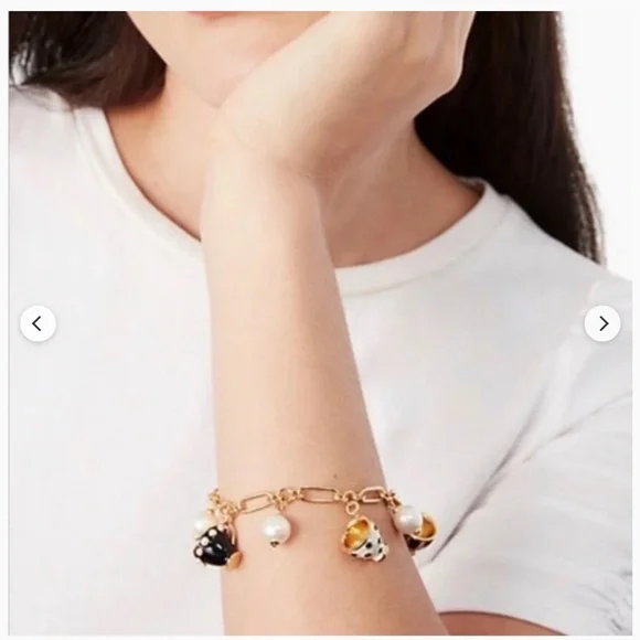 Gold Link Charm Bracelet with Black & White Enamel Teacup Charms and Pearls - Picture 3 of 4